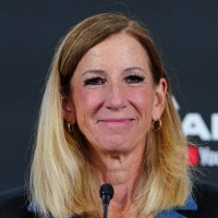 Oct 3, 2025; Las Vegas, Nevada, USA; WNBA Commissioner Cathy Engelbert talks during a presser before the start of game one of the 2025 WNBA Finals between the Phoenix Mercury and the Las Vegas Aces at Michelob Ultra Arena. Mandatory Credit: Stephen R. Sylvanie-Imagn Images