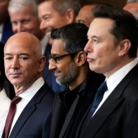 From left, Mark Zuckerberg, Lauren Sanchez, Jeff Bezos, Sundar Pichai and Elon Musk at Donald Trump's inauguration in at Capitol.