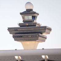 The air traffic control tower and terminal of Washington Dulles International Airport.
