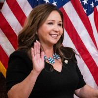 Rep. Adelita Grijalva and US House Speaker Mike Johnson during a ceremonial swearing-in ceremony at the Capitol.