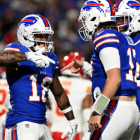 ORCHARD PARK, NEW YORK - NOVEMBER 02: Elijah Moore #18 and Josh Allen #17 of the Buffalo Bills celebrate after a touchdown during the third quarter in the game against the Kansas City Chiefs at Highmark Stadium on November 02, 2025 in Orchard Park, New York. (Photo by Jason Miller/Getty Images)