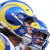 SANTA CLARA, CALIFORNIA - NOVEMBER 09: Matthew Stafford #9 of the Los Angeles Rams and teammates celebrate with Davante Adams #17 of the Los Angeles Rams after a touchdown against the San Francisco 49ers during the third quarter at Levi's Stadium on November 09, 2025 in Santa Clara, California. (Photo by Ezra Shaw/Getty Images)