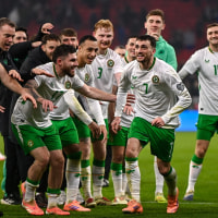 Hungary , Hungary - 16 November 2025; Troy Parrott of Republic of Ireland celebrates with teammates after the FIFA World Cup 2026 Group F Qualifier match between Hungary and Republic of Ireland at Puskás Aréna in Budapest, Hungary. (Photo By Ben McShane/Sportsfile via Getty Images)