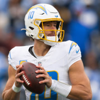 Nov 2, 2025; Nashville, Tennessee, USA;  Los Angeles Chargers quarterback Justin Herbert (10) stands in the pocket against the Tennessee Titans during the first half at Nissan Stadium. Mandatory Credit: Steve Roberts-Imagn Images