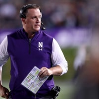 Northwestern head coach Pat Fitzgerald reacts after Michigan State scored a touchdown in the first half of a game at Ryan Field in Evanston on Sept. 3, 2021. (Chris Sweda/Chicago Tribune/Tribune News Service via Getty Images)