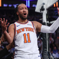 Nov 12, 2025; New York, New York, USA;  New York Knicks guard Jalen Brunson (11) reacts after getting called for a foul in the first quarter against the Orlando Magic at Madison Square Garden. Mandatory Credit: Wendell Cruz-Imagn Images
