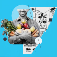 collage of man holding fruit and veggies next to a meat diagram of a cow on a blue background