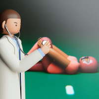Photo illustration of a doctor applying a stethoscope to a football player's leg 