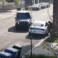 A woman in Sherman Oaks, Calif., unintentionally rams the possible getaway car of suspected burglars.