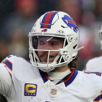 FOXBOROUGH, MASSACHUSETTS - DECEMBER 14: Josh Allen #17 of the Buffalo Bills reacts during the third quarter against the New England Patriots at Gillette Stadium on December 14, 2025 in Foxborough, Massachusetts. (Photo by Sarah Stier/Getty Images)