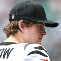 MIAMI GARDENS, FLORIDA - DECEMBER 21: Joe Burrow #9 of the Cincinnati Bengals looks on during the third quarter of a game against the New York Giants at Hard Rock Stadium on December 21, 2025 in Miami Gardens, Florida. (Photo by Carmen Mandato/Getty Images)