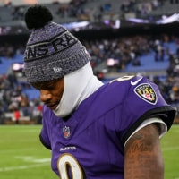 BALTIMORE, MD - DECEMBER 07: Lamar Jackson #8 of the Baltimore Ravens looks on after the game against the Pittsburgh Steelers at M&T Bank Stadium on December 7, 2025 in Baltimore, Maryland. (Photo by Scott Taetsch/Getty Images)