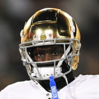 STANFORD, CALIFORNIA - NOVEMBER 29: Jeremiyah Love #4 of the Notre Dame Fighting Irish looks on during warm ups before the game against the Stanford Cardinal at Stanford Stadium on November 29, 2025 in Stanford, California. (Photo by Eakin Howard/Getty Images)