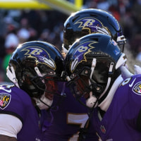 CINCINNATI, OHIO - DECEMBER 14: Zay Flowers #4 celebrates a second quarter touchdown with Lamar Jackson #8 of the Baltimore Ravens during the second quarter against the Cincinnati Bengals at Paycor Stadium on December 14, 2025 in Cincinnati, Ohio. (Photo by Dylan Buell/Getty Images)