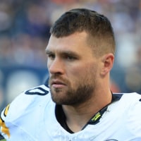 CHICAGO, ILLINOIS - NOVEMBER 23: T.J. Watt #90 of the Pittsburgh Steelers looks on against the Chicago Bears at Soldier Field on November 23, 2025 in Chicago, Illinois. (Photo by Justin Casterline/Getty Images)