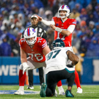 ORCHARD PARK, NEW YORK - DECEMBER 28: Josh Allen #17 of the Buffalo Bills calls a play during the first quarter of the game against the Philadelphia Eagles at Highmark Stadium on December 28, 2025 in Orchard Park, New York. (Photo by Lauren Leigh Bacho/Getty Images)