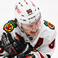 Dec 12, 2025; St. Louis, Missouri, USA; Chicago Blackhawks center Connor Bedard (98) reacts in pain after a face off against St. Louis Blues center Brayden Schenn (not pictured) during the third period at Enterprise Center. Mandatory Credit: Jeff Curry-Imagn Images