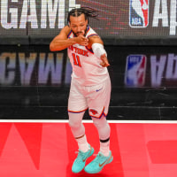 Dec 9, 2025; Toronto, Ontario, CAN;  New York Knicks guard Jalen Brunson (11) celebrates scoring against the Toronto Raptors during the first half at the 2025-26 NBA Emirates Cup at Scotiabank Arena. Mandatory Credit: Kevin Sousa-Imagn Images