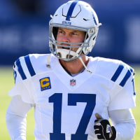 Jan 9, 2021; Orchard Park, New York, USA; Indianapolis Colts quarterback Philip Rivers (17) jogs on the field prior to a AFC Wild Card game against the Buffalo Bills at Bills Stadium. Mandatory Credit: Rich Barnes-USA TODAY Sports