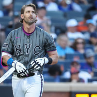 Sep 20, 2025; New York City, New York, USA; New York Mets second baseman Jeff McNeil (1) reacts after striking out to end the sixth inning against the Washington Nationals at Citi Field. Mandatory Credit: Wendell Cruz-Imagn Images