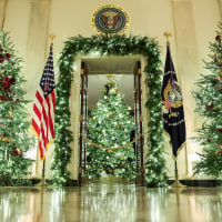 Christmas trees and holiday decorations surround the Cross Hall during an advance tour of the 2025 White House Christmas decorations on De. 1, 2025 in Washington, DC.