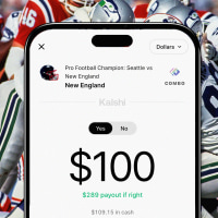 Photo illustration of phone screen against archival photo of Patriots and Seahawks 