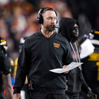 LANDOVER, MARYLAND - OCTOBER 13:  Washington Commanders offensive coordinator Kliff Kingsbury looks on from the sideline during an NFL football game against the Washington Commanders at Northwest Stadium on October 13, 2025 in Landover, Maryland. (Photo by Perry Knotts/Getty Images)