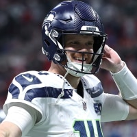 ATLANTA, GEORGIA - DECEMBER 07:  Sam Darnold #14 of the Seattle Seahawks reacts against the Atlanta Falcons during the fourth quarter at Mercedes-Benz Stadium on December 07, 2025 in Atlanta, Georgia. (Photo by Kevin C. Cox/Getty Images)