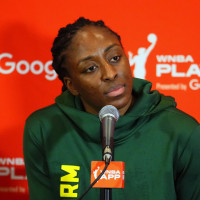 LAS VEGAS, NV - SEPTEMBER 18: Nneka Ogwumike #3 of the Seatttle Storm talks to the media after the game against the Las Vegas Aces on September 18, 2025 at Michelob ULTRA Arena n Las Vegas, Nevada. NOTE TO USER: User expressly acknowledges and agrees that, by downloading and or using this photograph, User is consenting to the terms and conditions of the Getty Images License Agreement. Mandatory Copyright Notice: Copyright 2025 NBAE (Photo by Jeff Bottari/NBAE via Getty Images)