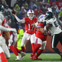 ORCHARD PARK, NEW YORK - DECEMBER 28: Josh Allen (17) of the Buffalo Bills throws a pass against the Philadelphia Eagles at Highmark Stadium on December 28, 2025 in Orchard Park, New York. (Photo by Timothy T Ludwig/Getty Images)