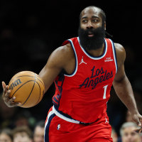 James Harden dribbling a basketball ball while on court
