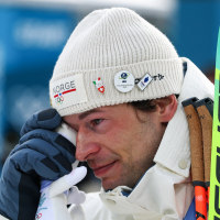 Sturla Holm Laegreid cries and wipes his tear with a stuffed animal