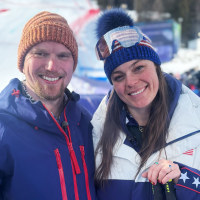 Connor Watkins and Breezy Johnson after getting engaged in Cortina D’Ampezzo, Italy on Feb. 12, 2026.