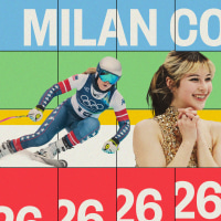 An illustration showing Lindsey Vonn, Alysa Liu, and Hilary Knight with the words "Milan Cortina" and repeating 26's.