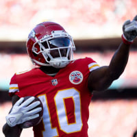 Kansas City Chiefs wide receiver Tyreek Hill (10) celebrates after a first down catch in the first quarter during the AFC championship NFL football game, Sunday, Jan. 30, 2022, at GEHA Field at Arrowhead Stadium in Kansas City, Mo.

Cincinnati Bengals At Kansas City Chiefs Jan 30 Afc Championship 54