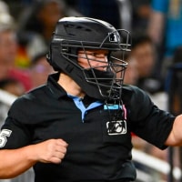 Sep 26, 2025; Washington, District of Columbia, USA; Umpire Jen Pawol calls the third strike during the game between the Washington Nationals and the Chicago White Sox at Nationals Park. Mandatory Credit: Brad Mills-Imagn Images