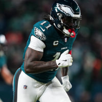 PHILADELPHIA, PA - JANUARY 11: A.J. Brown #11 of the Philadelphia Eagles runs a route during an NFL wild card playoff football game against the San Francisco 49ers at Lincoln Financial Field on January 11, 2026 in Philadelphia, Pennsylvania. (Photo by Cooper Neill/Getty Images)