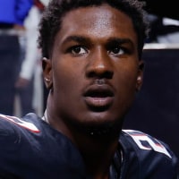 ATLANTA, GEORGIA - DECEMBER 7: James Pearce Jr. #27 of the Atlanta Falcons looks on prior to the game against the Seattle Seahawks at Mercedes-Benz Stadium on December 7, 2025 in Atlanta, United States. (Photo by Todd Kirkland/Getty Images)