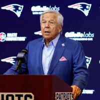 FOXBOROUGH, MASSACHUSETTS - JANUARY 11: Owner Robert Kraft (L) speaks to the media as head coach Bill Belichick (R) of the New England Patriots looks on during a press conference at Gillette Stadium on January 11, 2024 in Foxborough, Massachusetts. Belichick announced he is stepping down as head coach after 24 seasons with the team. (Photo by Maddie Meyer/Getty Images)