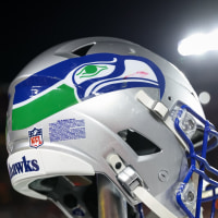 LANDOVER, MD - NOVEMBER 02: A general view of a Seattle Seahawks helmet on the sideline during the first half of the NFL game against the Washington Commanders at Northwest Stadium on November 02, 2025 in Landover, Maryland. (Photo by Scott Taetsch/Getty Images)