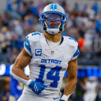 INGLEWOOD, CA - DECEMBER 14: Detroit Lions wide receiver Amon-Ra St. Brown (14) runs to the visitor side after scoring a touchdown during the NFL game between the Detroit Lions and the Los Angeles Rams on December 14, 2025 at SoFi Stadium in Inglewood, CA. (Photo by Jordon Kelly/Icon Sportswire via Getty Images)