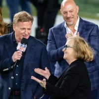 SANTA CLARA, CA - FEBRUARY 08: NFL Commissioner Roger Goodell with Jody Allen Chair of the Seattle Seahawks after the Seattle Seahawks defeat the New England Patriots 29-13 in Super Bowl LX on February 8, 2026, at Levi's Stadium in Santa Clara, CA. (Photo by Matthew Huang/Icon Sportswire via Getty Images)