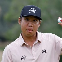 Jan 11, 2026; Lecanto, Florida, United States; Anthony Kim reacts to his third place in the LIV Golf Black Diamond Ranch golf tournament at Black Diamond Ranch. Mandatory Credit: Jeff Swinger-Imagn Images