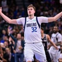 Feb 5, 2026; Dallas, Texas, USA; Dallas Mavericks forward Cooper Flagg (32) celebrates during the second half against the San Antonio Spurs at the American Airlines Center. Mandatory Credit: Jerome Miron-Imagn Images