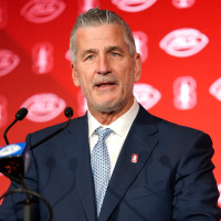 Jul 22, 2025; Charlotte, NC, USA; Stanford head coach Frank Reich answers questions from the media during ACC Media Days at Hilton Charlotte Uptown. Mandatory Credit: Jim Dedmon-Imagn Images
