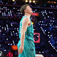 Feb 14, 2026; Los Angeles, CA, USA; Charlotte Hornets forward Kon Knueppel (7) competes in the three point contest during the 2026 NBA All Star Saturday Night at Intuit Dome. Mandatory Credit: Kirby Lee-Imagn Images