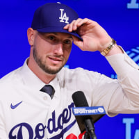 Los Angeles , CA - January 21: Outfielder Kyle Tucker adjusts his Dodgers baseball cap during a press conference at Dodger Stadium on Wednesday, Jan. 21, 2026 in Los Angeles , CA. (Ronaldo Bolaños / Los Angeles Times via Getty Images)