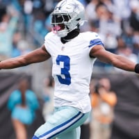 Oct 12, 2025; Charlotte, North Carolina, USA; Dallas Cowboys wide receiver George Pickens (3) celebrates a touchdown during the second half against the Carolina Panthers at Bank of America Stadium. Mandatory Credit: Scott Kinser-Imagn Images