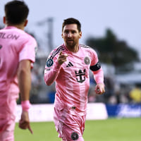 Lionel Messi #10 of Inter Miami CF celebrates after scoring his team's first goal during the CONCACAF Champions Cup Round of 16 Second Leg match between Inter Miami CF and Nashville SC at Chase Stadium on March 18, 2026 in Fort Lauderdale, Florida. This is Lionel Messi’s 900th career goal.