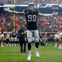 Las Vegas Raiders defensive end Maxx Crosby (98) reacts as he takes the field to face the Denver Broncos at Allegiant Stadium on Dec. 7, 2025, in Las Vegas.
